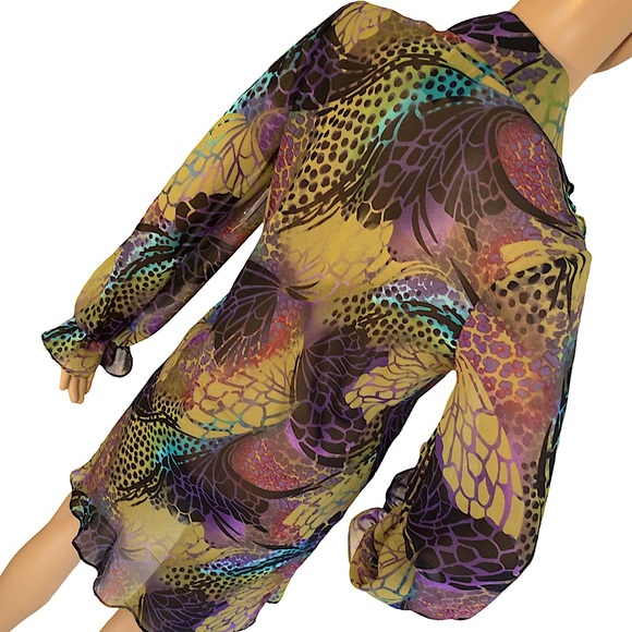 ๐ BISOU BISOU | MARIELLA ANIMALISTIC PRINT SHEER RUFFLE DRESS / BLOUSE SZ S - Picture 5 of 14